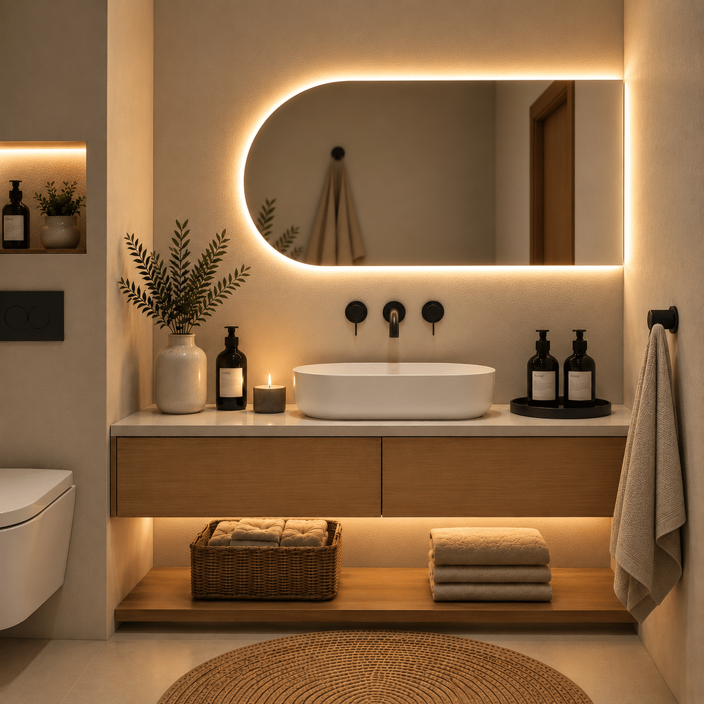 mirror_neutral_warm_1024x1024 מראת אמבטיה חצי קשת ללא מסגרת עם תאורת לד ומפיג אדים – תמונה 1